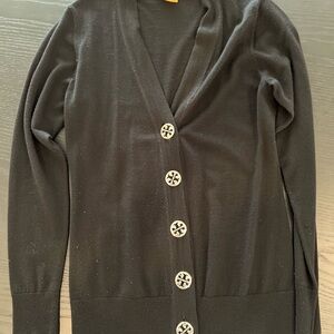 Tory Burch Black V-Neck Button-Front Cardigan with Logo Buttons